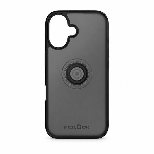 Funda FIDLOCK VACUUM para iPhone 16 negra — producto sobre fondo blanco