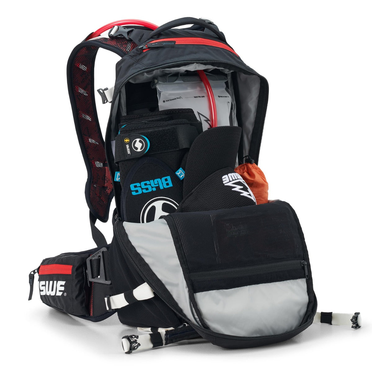 Mochila USWE FLOW 16 L con protección dorsal integrada Negro/Rojo