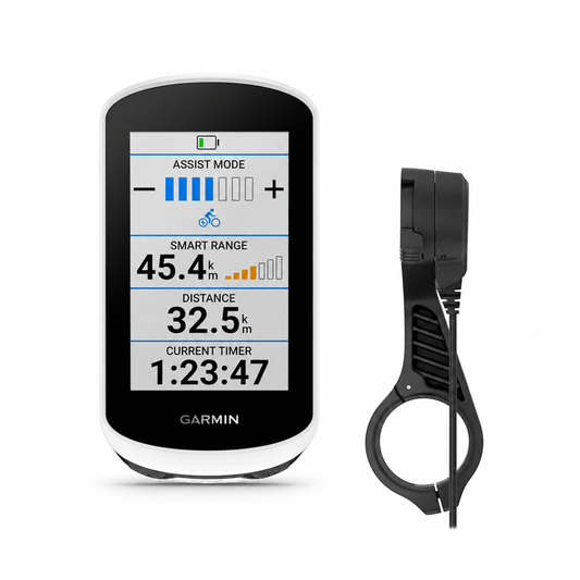PACK GPS GARMIN EDGE EXPLORE 2 POWER con soporte de alimentación — presentación del pack y sus accesorios sobre fondo blanco