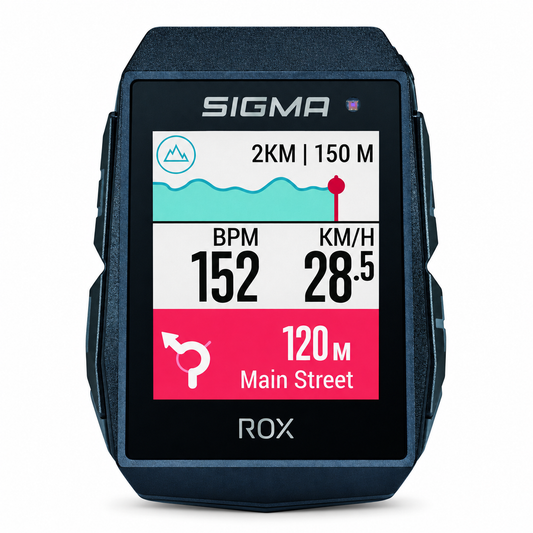 Ciclocomputador GPS SIGMA ROX 11.1 EVO negro — vista frontal sobre fondo blanco