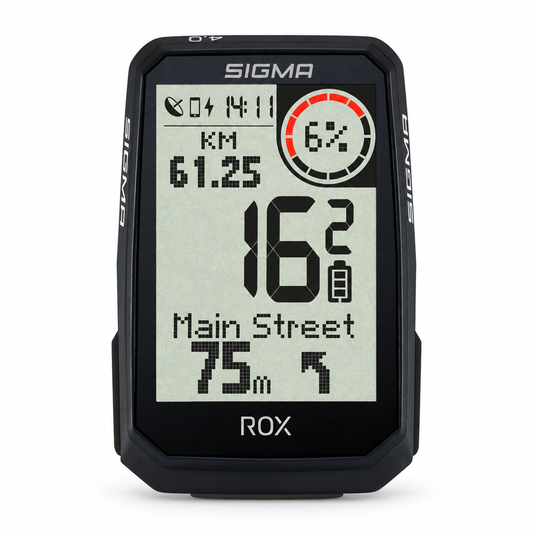 Ciclocomputador GPS SIGMA ROX 4.0 ENDURANCE negro — vista frontal sobre fondo blanco