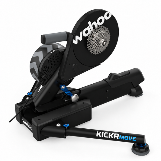 WAHOO KICKR MOVE — Vista completa en tres cuartos con cassette