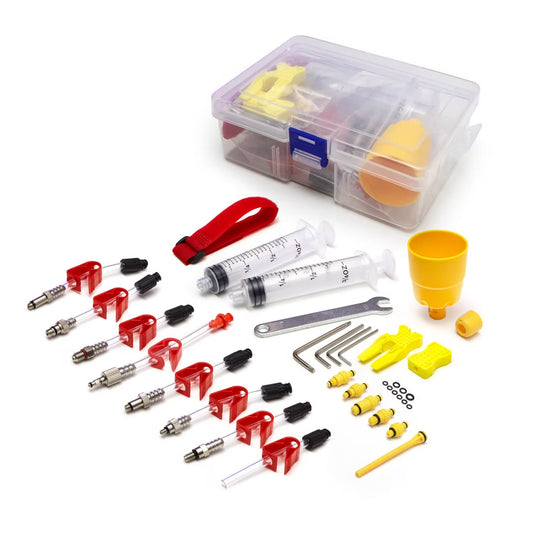 2x jeringas. vaso de purga. 8x adaptadores. juntas tóricas. bloques de purga. llave torx. llaves allen.