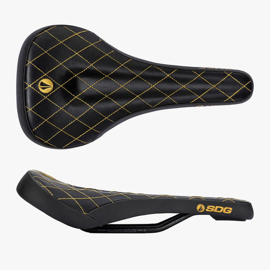 Sillín SDG BEL-AIR V3 MAX con raíles Lux-Alloy, negro y dorado, con pespuntes