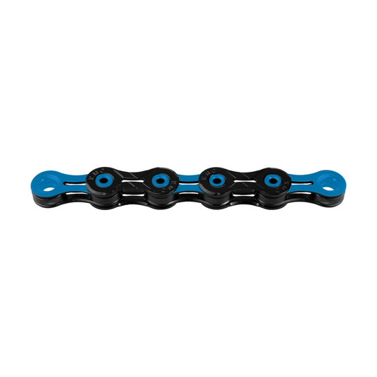Cadena KMC DLC10 de 10 velocidades, negra/azul — foto del producto sobre fondo blanco