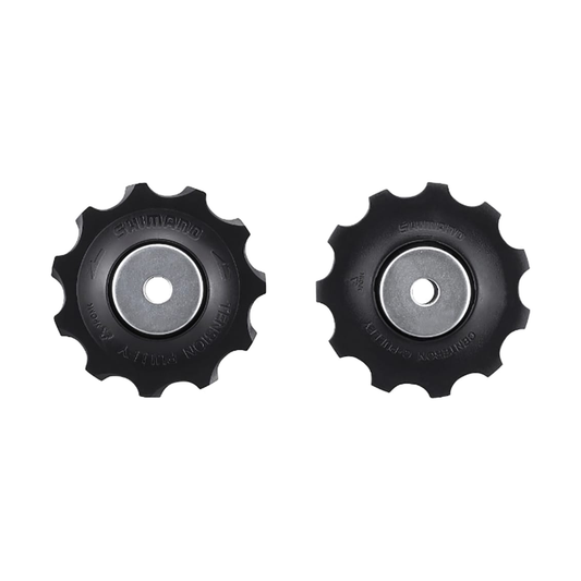 Roldanas de cambio trasero de 10 velocidades SHIMANO DEORE M6000 para pata larga, negras — pieza sobre fondo blanco