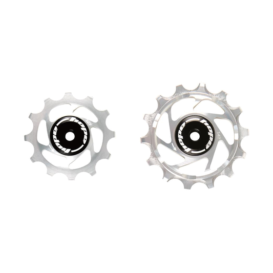 Roldanas de cambio trasero de 12 velocidades HOPE para Sram, 12/14 dientes, plateadas — pieza sobre fondo blanco