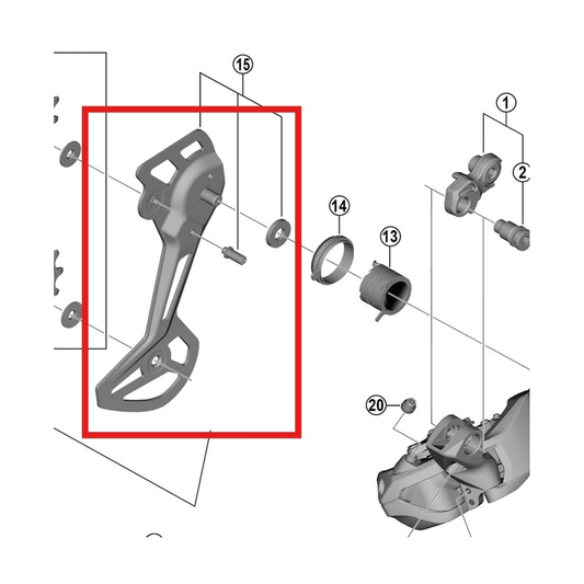 Pata exterior SGS de cambio trasero SHIMANO RD-M8150-11/12 — ilustración original encuadrada sobre fondo blanco