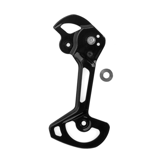 Placa exterior larga del cambio trasero SHIMANO XTR M9120 SGS de 12 velocidades — pieza sobre fondo blanco