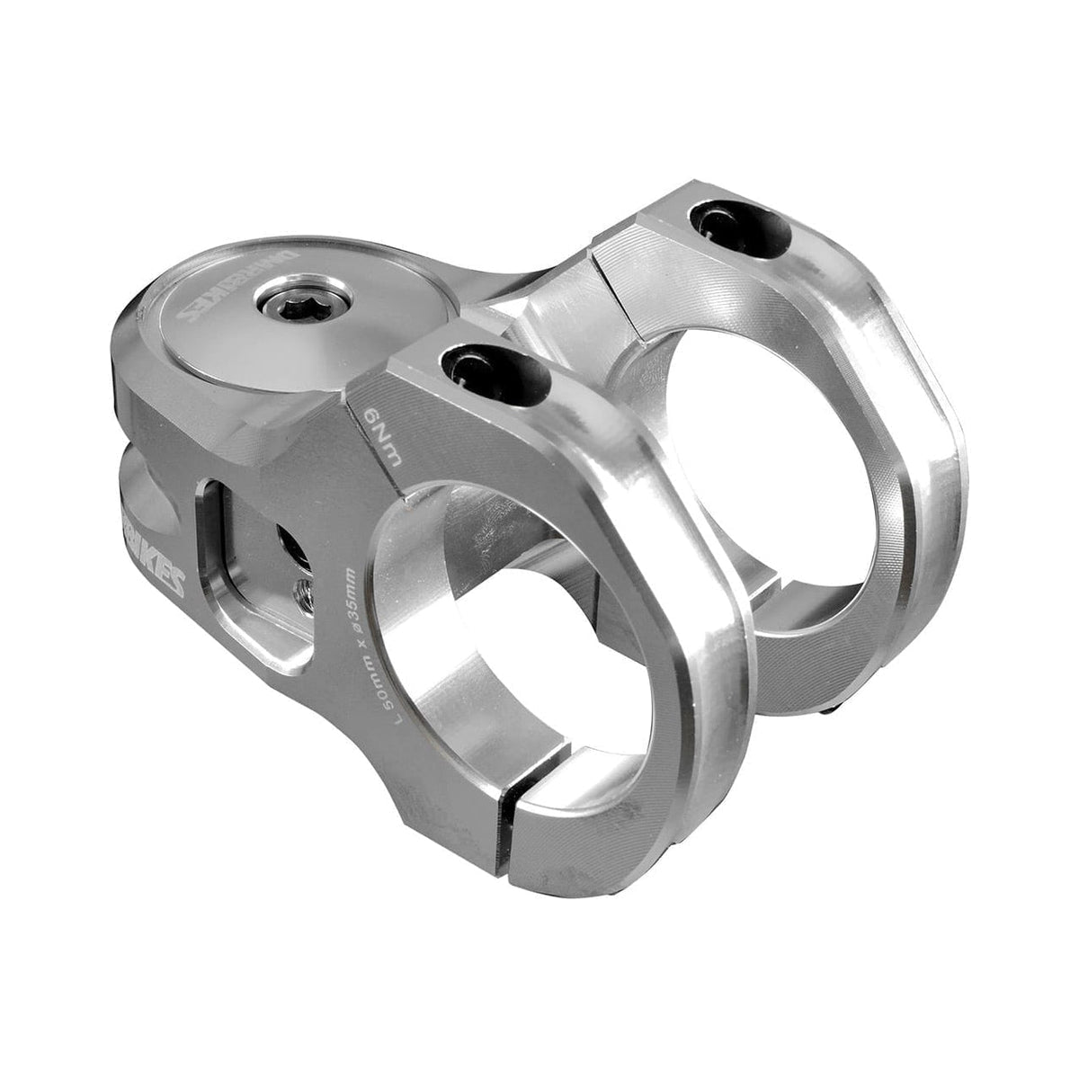 Potencia DMR DEFY50 con elevación de 5mm plateada — vista principal sobre fondo blanco