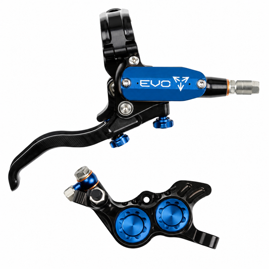 Freno HOPE TECH 4 EVO GR4 negro/azul — maneta y pinza sobre fondo blanco
