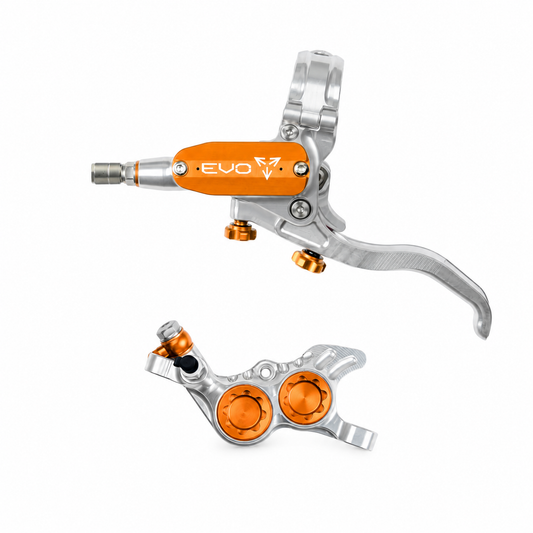 Freno HOPE TECH 4 EVO GR4 plata/naranja — maneta y pinza sobre fondo blanco