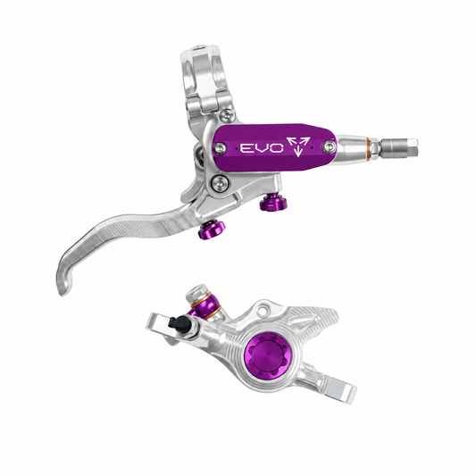 Freno HOPE TECH 4 EVO X2 PM plata/violeta — maneta y pinza sobre fondo blanco