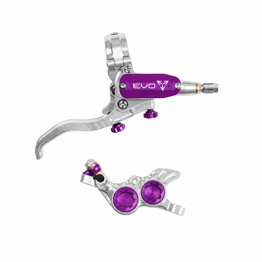 Freno HOPE TECH 4 EVO GR4 plata/violeta — maneta y pinza sobre fondo blanco
