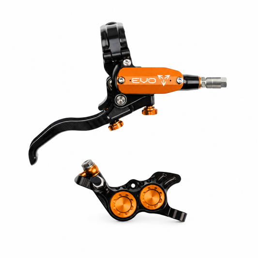 Freno HOPE TECH 4 EVO GR4 negro/naranja — maneta y pinza sobre fondo blanco