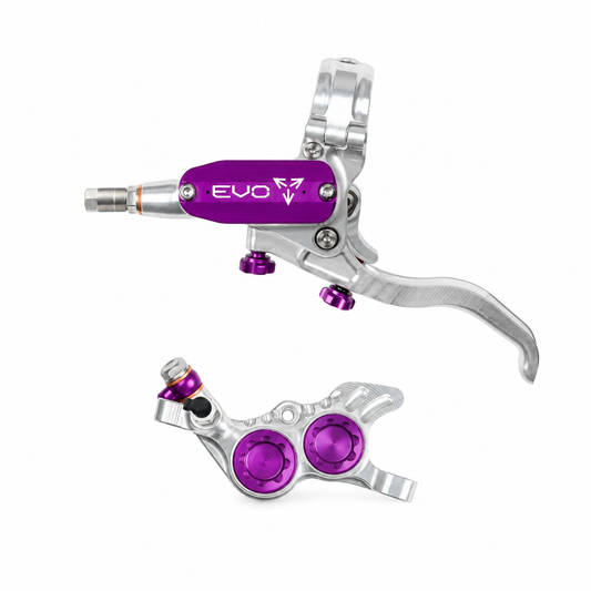 Freno HOPE TECH 4 EVO GR4 plata/violeta — maneta y pinza sobre fondo blanco