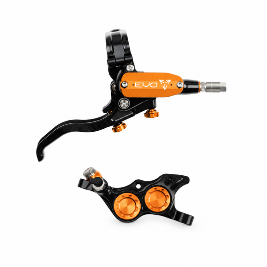 Freno HOPE TECH 4 EVO TR4 negro/naranja — maneta y pinza sobre fondo blanco