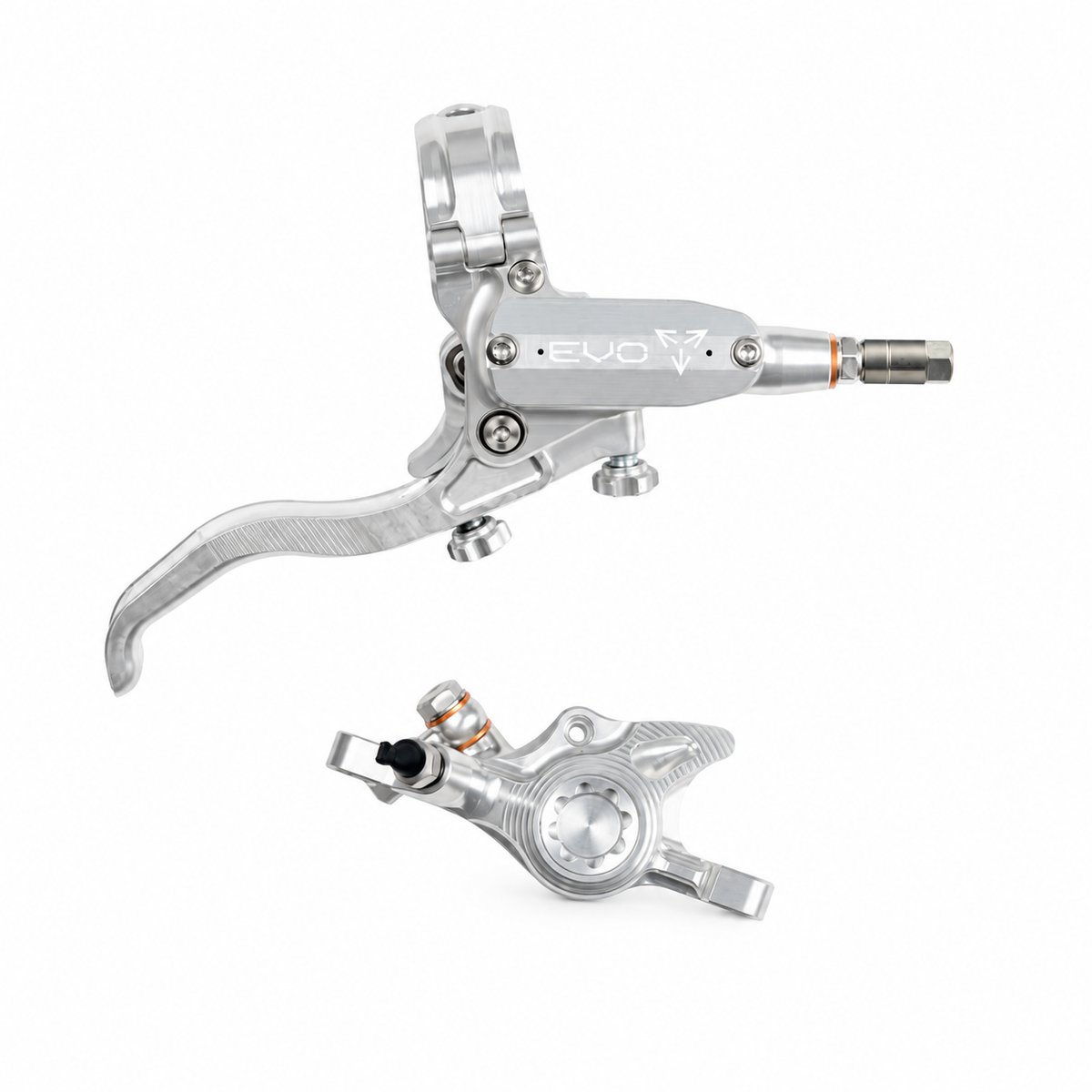 Freno HOPE TECH 4 EVO X2 PM plata/plata — maneta y pinza sobre fondo blanco