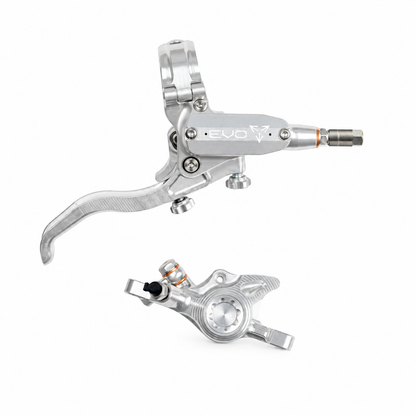 Freno HOPE TECH 4 EVO X2 PM plata/plata — maneta y pinza sobre fondo blanco