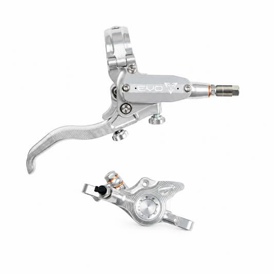 Freno HOPE TECH 4 EVO X2 PM plata/plata — maneta y pinza sobre fondo blanco
