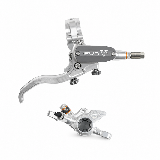 Freno HOPE TECH 4 EVO X2 PM plata/ahumado — maneta y pinza sobre fondo blanco