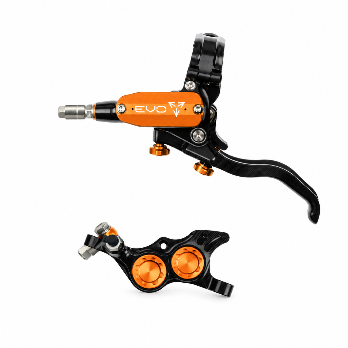 Freno HOPE TECH 4 EVO TR4 negro/naranja — maneta y pinza sobre fondo blanco