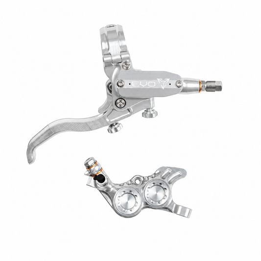 Freno HOPE TECH 4 EVO GR4 plata/plata — maneta y pinza sobre fondo blanco