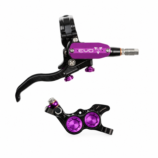 Freno HOPE TECH 4 EVO GR4 negro/violeta — maneta y pinza sobre fondo blanco