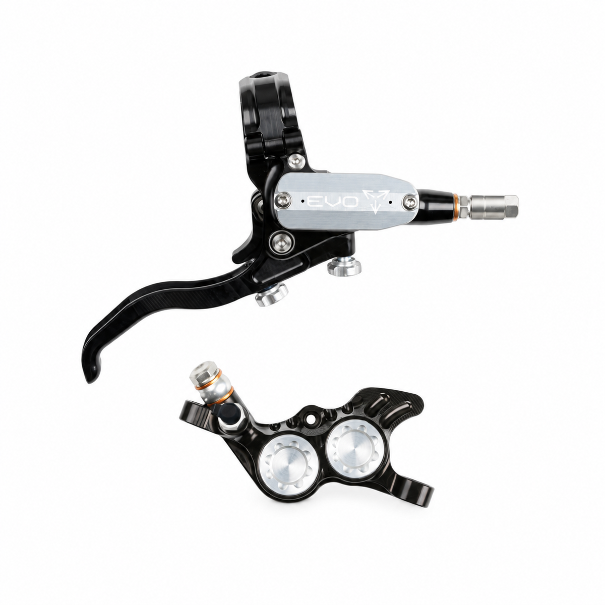 Freno HOPE TECH 4 EVO GR4 negro/plata — maneta y pinza sobre fondo blanco