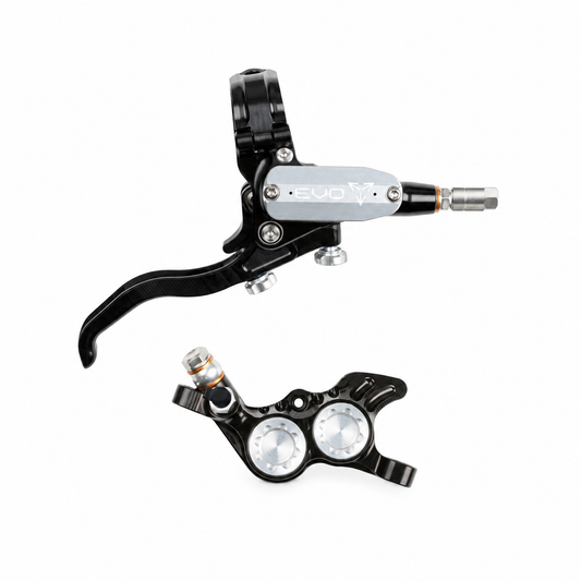 Freno HOPE TECH 4 EVO GR4 negro/plata — maneta y pinza sobre fondo blanco