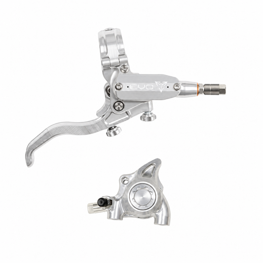 Freno HOPE TECH 4 EVO X2 FM plata/plata — maneta y pinza sobre fondo blanco