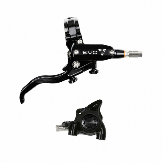 Freno HOPE TECH 4 EVO X2 FM negro/negro — maneta y pinza sobre fondo blanco