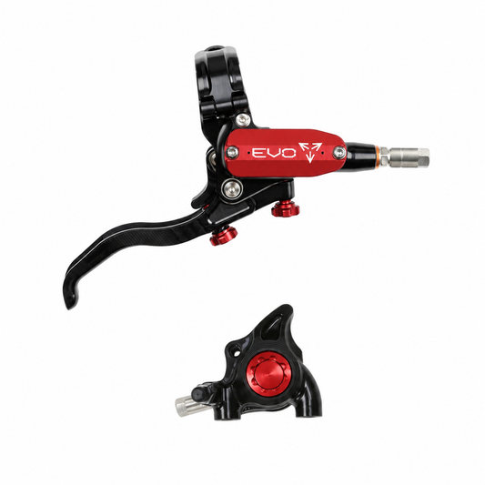 Freno HOPE TECH 4 EVO X2 FM negro/rojo — maneta y pinza sobre fondo blanco