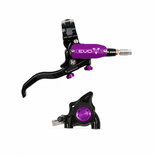 Freno HOPE TECH 4 EVO X2 FM negro/violeta — maneta y pinza sobre fondo blanco