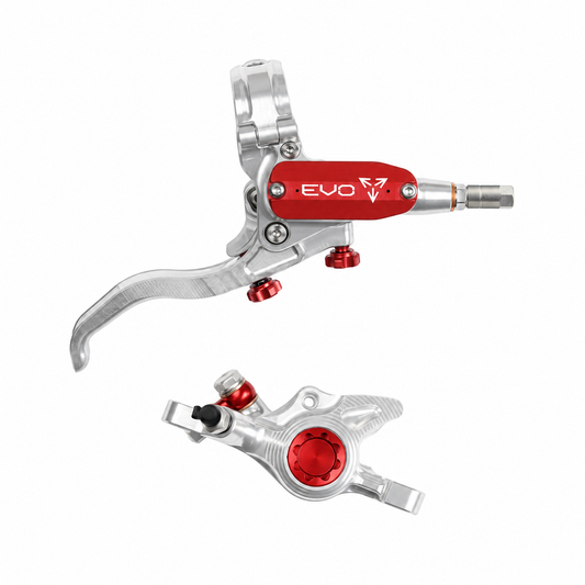 Freno HOPE TECH 4 EVO X2 PM plata/rojo — maneta y pinza sobre fondo blanco