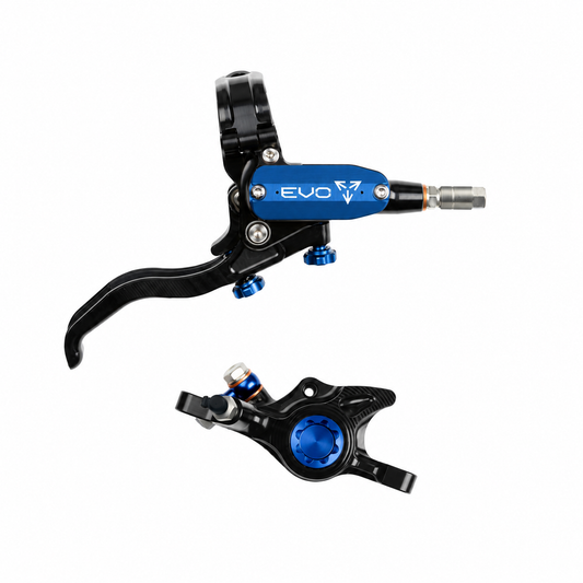 Freno HOPE TECH 4 EVO X2 PM negro/azul — maneta y pinza sobre fondo blanco