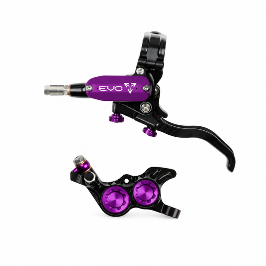 Freno HOPE TECH 4 EVO GR4 negro/violeta — maneta y pinza sobre fondo blanco