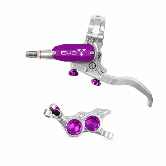 Freno HOPE TECH 4 EVO TR4 plata/violeta — maneta y pinza sobre fondo blanco