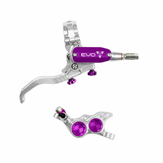 Freno HOPE TECH 4 EVO TR4 plata/violeta — maneta y pinza sobre fondo blanco
