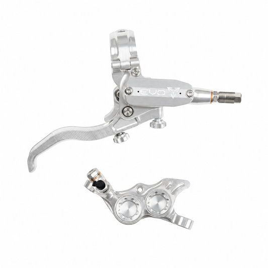 Freno HOPE TECH 4 EVO TR4 plata/plata — maneta y pinza sobre fondo blanco