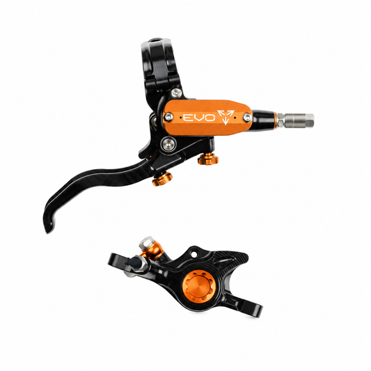 Freno HOPE TECH 4 EVO X2 PM negro/naranja — maneta y pinza sobre fondo blanco