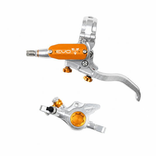 Freno HOPE TECH 4 EVO X2 PM plata/naranja — maneta y pinza sobre fondo blanco