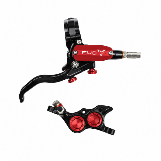 Freno HOPE TECH 4 EVO TR4 negro/rojo — maneta y pinza sobre fondo blanco