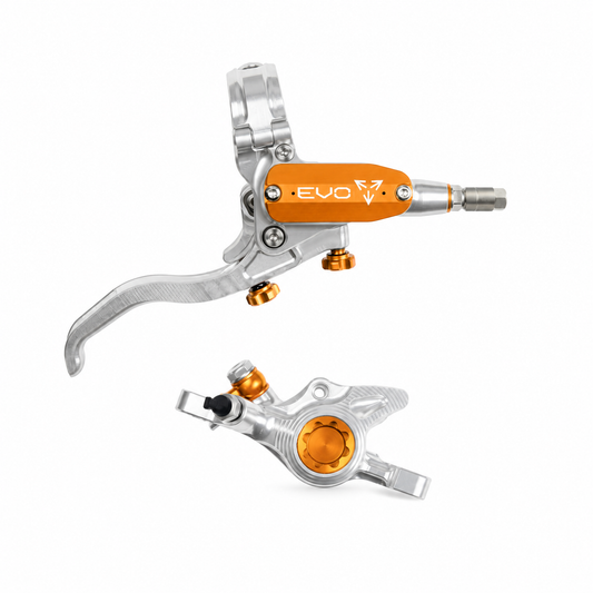 Freno HOPE TECH 4 EVO X2 PM plata/naranja — maneta y pinza sobre fondo blanco