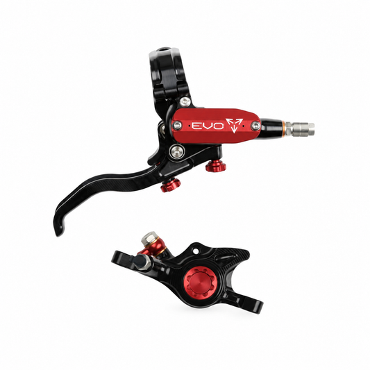 Freno HOPE TECH 4 EVO X2 PM negro/rojo — maneta y pinza sobre fondo blanco