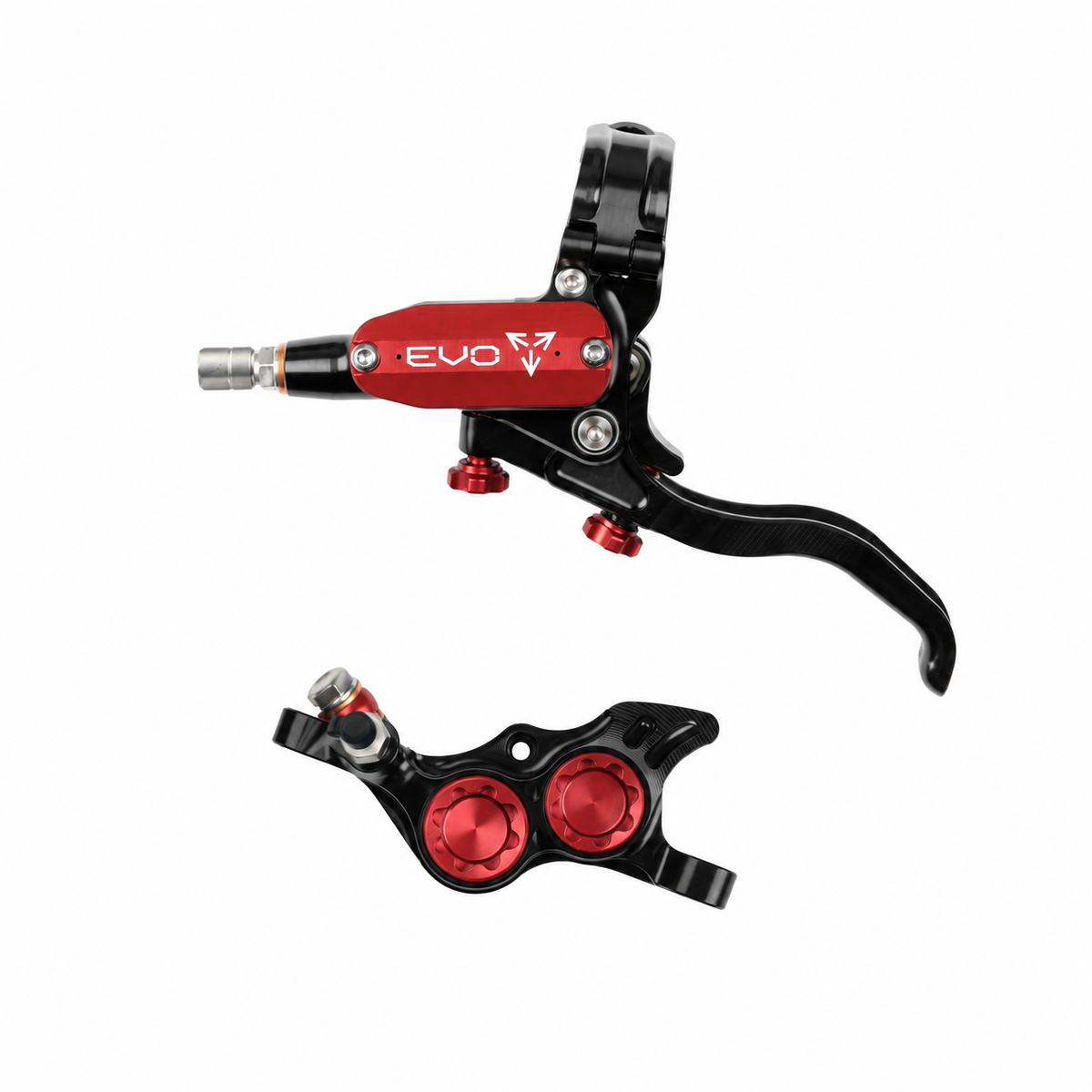 Freno HOPE TECH 4 EVO TR4 negro/rojo — maneta y pinza sobre fondo blanco