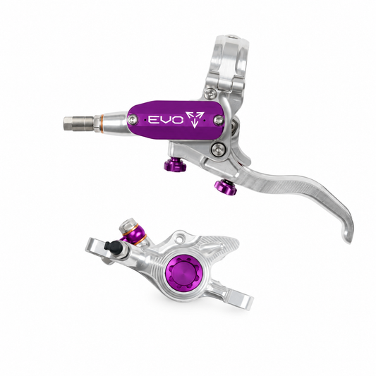 Freno HOPE TECH 4 EVO X2 PM plata/violeta — maneta y pinza sobre fondo blanco