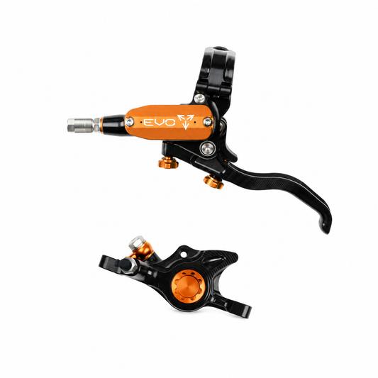 Freno HOPE TECH 4 EVO X2 PM negro/naranja — maneta y pinza sobre fondo blanco