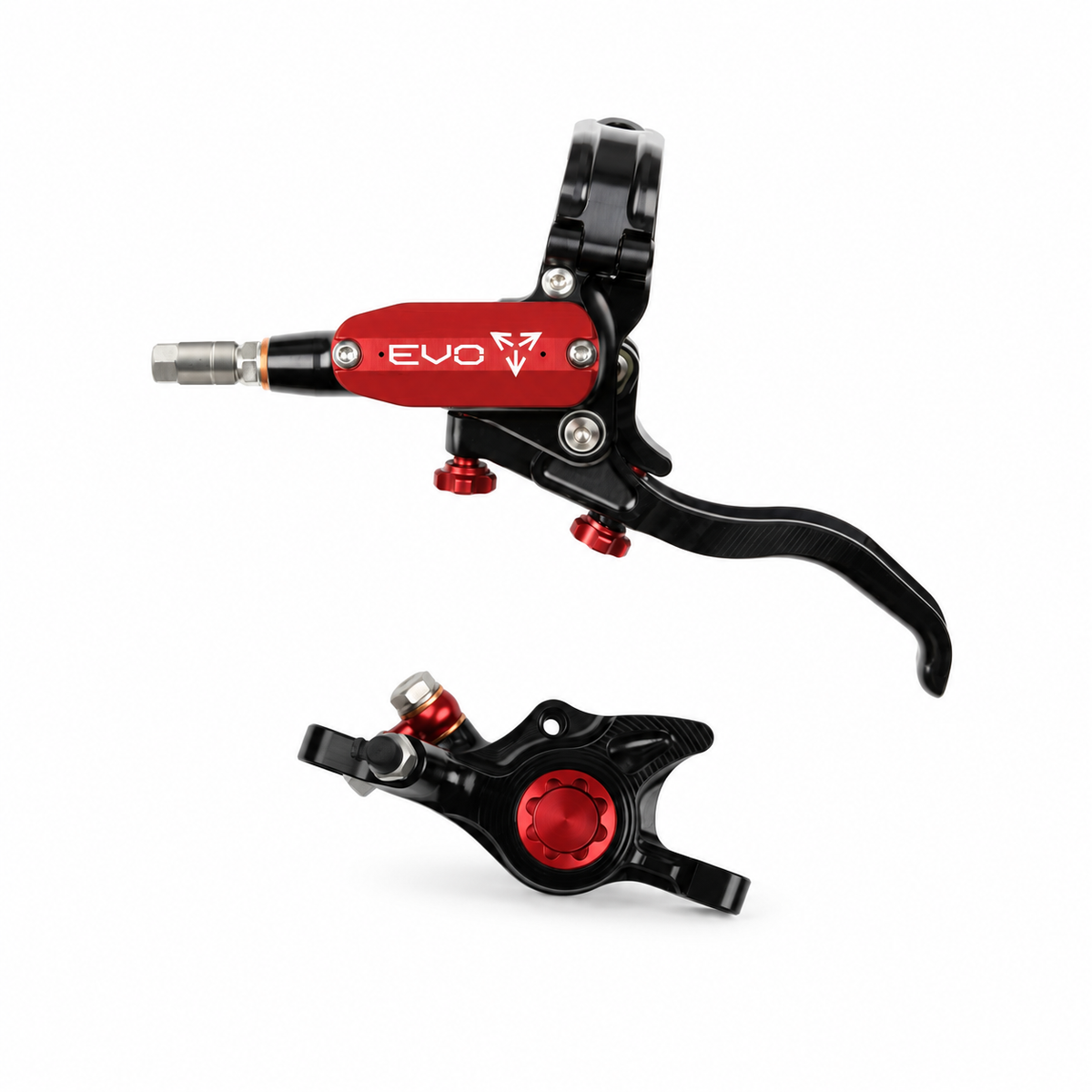 Freno HOPE TECH 4 EVO X2 PM negro/rojo — maneta y pinza sobre fondo blanco
