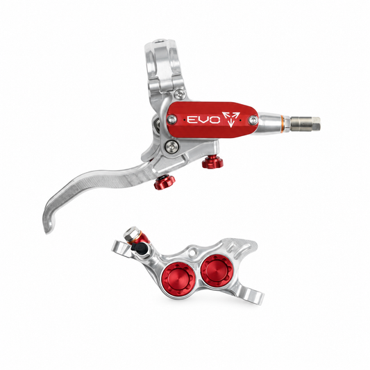 Freno HOPE TECH 4 EVO TR4 plata/rojo — maneta y pinza sobre fondo blanco